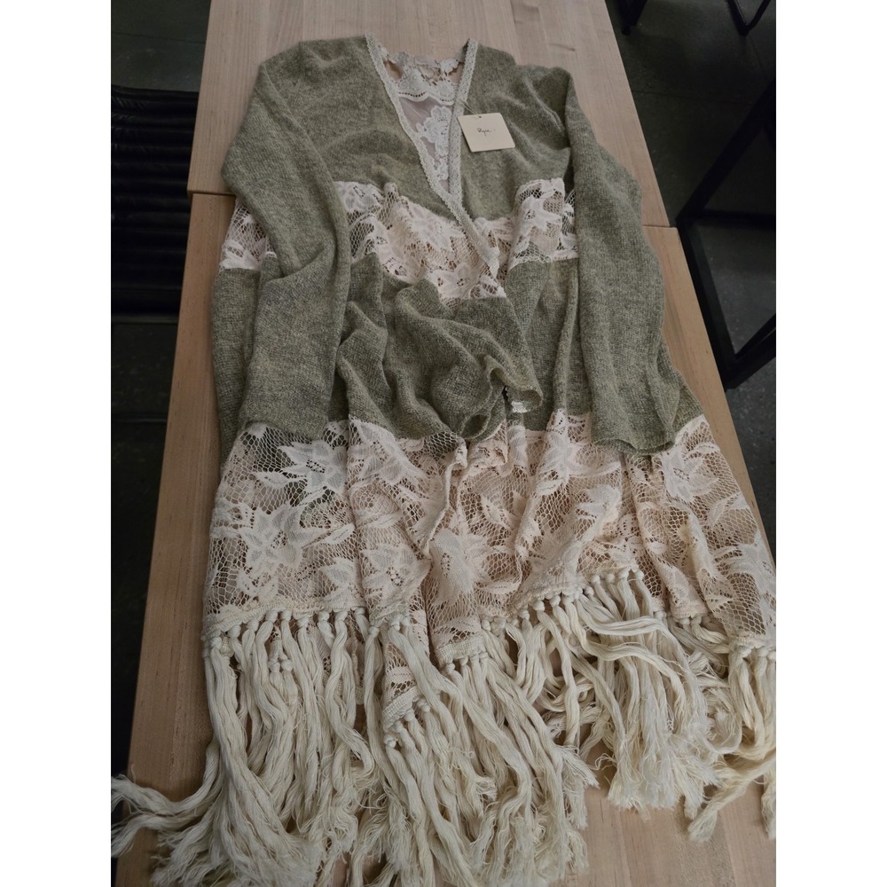 NEW RYU Boho Lace Fringe Cardigan Small Green Sage Crochet Romantic Cottagecore
